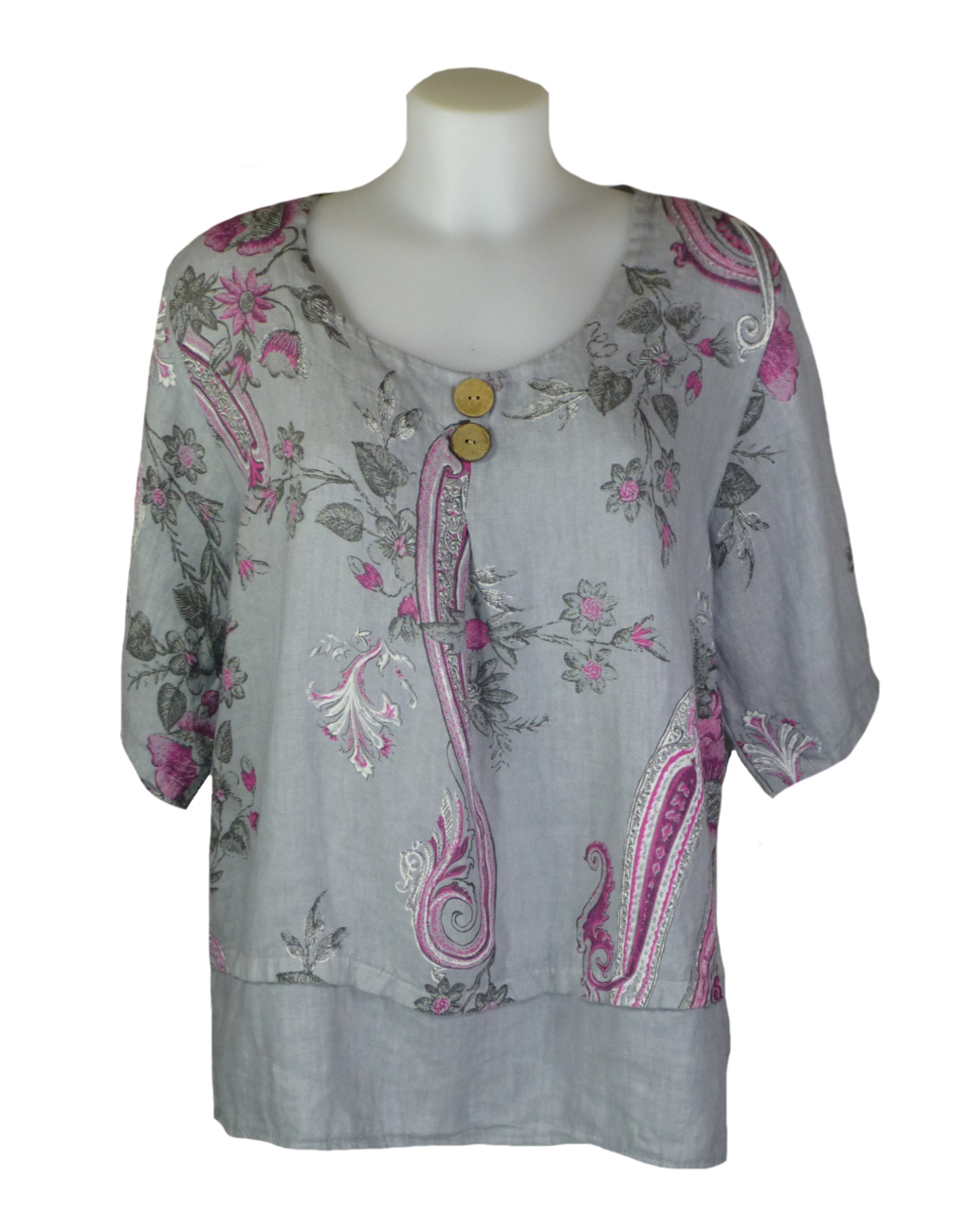 Italian Grey Floral Linen Top Front - Fashion Fix Online