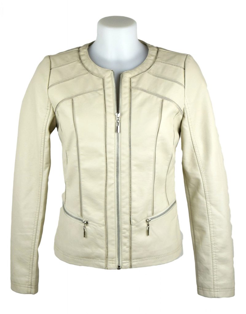 Escandelle Paris Round Neck Faux Leather Beige Jacket - Fashion Fix Online